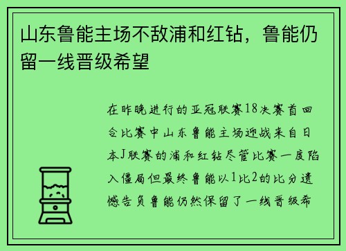 山东鲁能主场不敌浦和红钻，鲁能仍留一线晋级希望