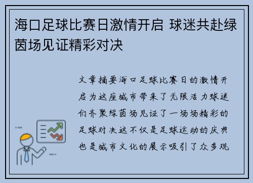 海口足球比赛日激情开启 球迷共赴绿茵场见证精彩对决