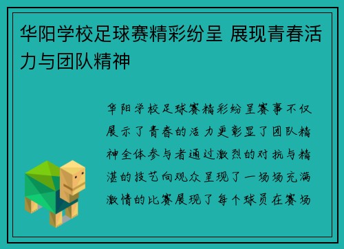 华阳学校足球赛精彩纷呈 展现青春活力与团队精神