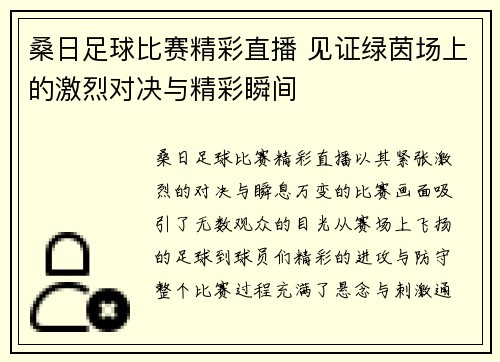 桑日足球比赛精彩直播 见证绿茵场上的激烈对决与精彩瞬间
