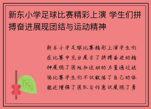 新东小学足球比赛精彩上演 学生们拼搏奋进展现团结与运动精神