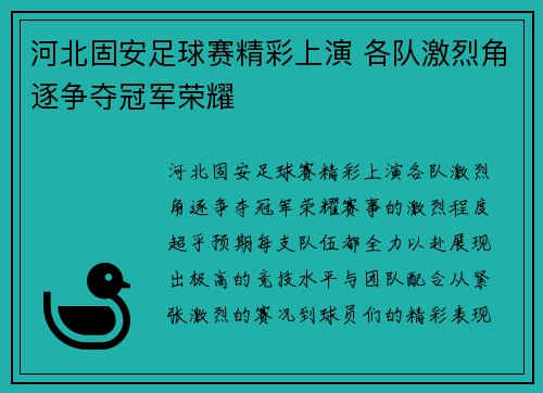 河北固安足球赛精彩上演 各队激烈角逐争夺冠军荣耀