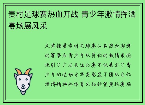 贵村足球赛热血开战 青少年激情挥洒赛场展风采