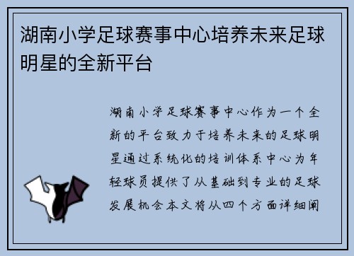 湖南小学足球赛事中心培养未来足球明星的全新平台