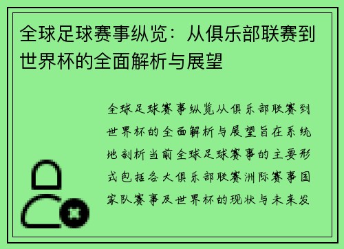 全球足球赛事纵览：从俱乐部联赛到世界杯的全面解析与展望