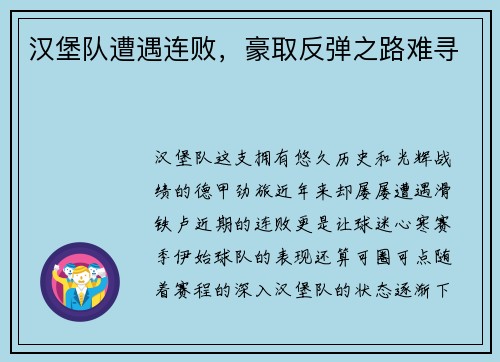 汉堡队遭遇连败，豪取反弹之路难寻