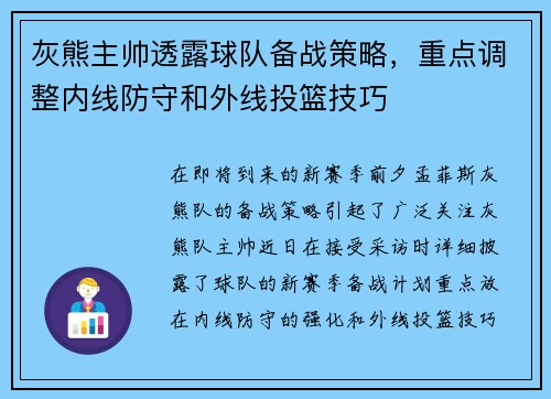 灰熊主帅透露球队备战策略，重点调整内线防守和外线投篮技巧