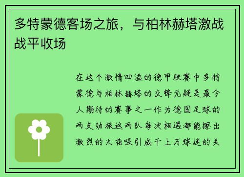 多特蒙德客场之旅，与柏林赫塔激战战平收场