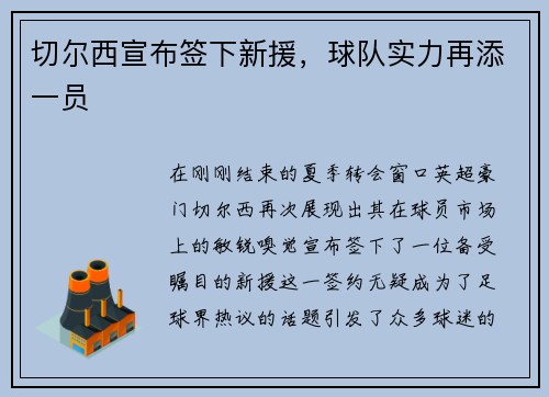 切尔西宣布签下新援，球队实力再添一员