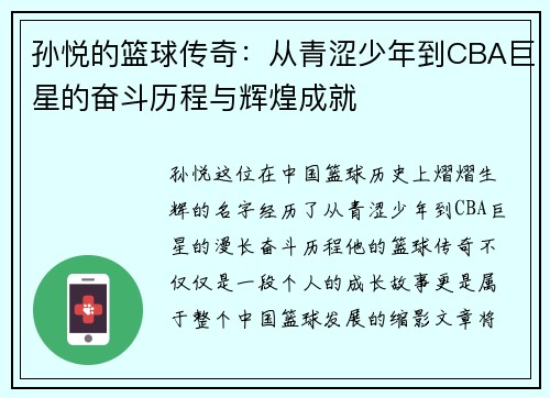 孙悦的篮球传奇：从青涩少年到CBA巨星的奋斗历程与辉煌成就