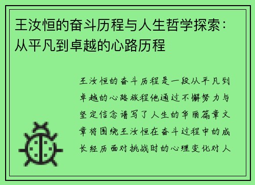 王汝恒的奋斗历程与人生哲学探索：从平凡到卓越的心路历程