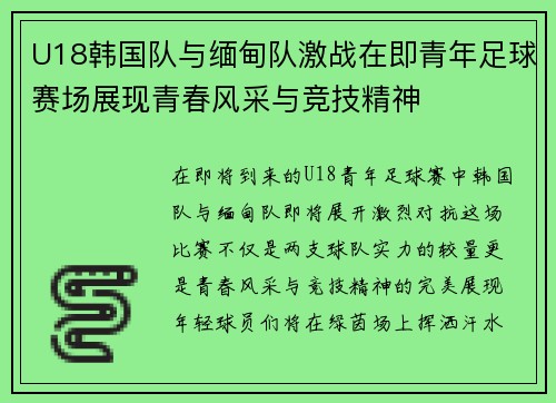 U18韩国队与缅甸队激战在即青年足球赛场展现青春风采与竞技精神