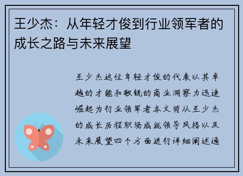 王少杰：从年轻才俊到行业领军者的成长之路与未来展望