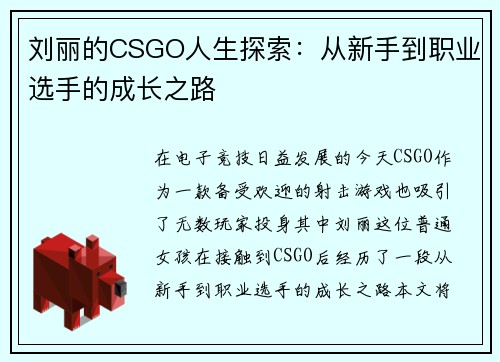 刘丽的CSGO人生探索：从新手到职业选手的成长之路